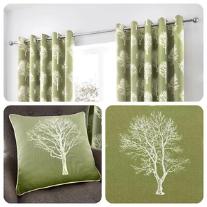 Fusion WOODLAND TREES Green 100% Cotton Eyelet Ring Curtains & Cushions - Picture 1 of 29