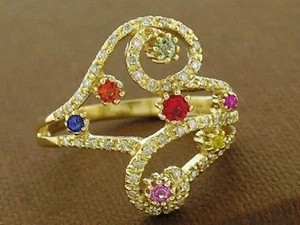 R264 - Anillo de zafiro de diamante natural y arco iris de oro amarillo sólido genuino de 9 K - Imagen 1 de 3