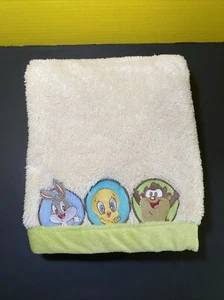 Looney Tunes Blanket Baby Bugs Bunny Tweety Taz Cream Green Trim Satin Back HTF - Picture 1 of 4