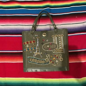 Vintage 1960 Paris Rome London Green Bag Enid Collin Style Wood Base (desc.) - Picture 1 of 9