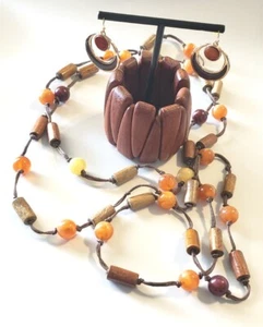 BOHO Jewelry Mix Set Wooden Stretch Bracelet, Gold-tone earrings, 35" Necklace - Picture 1 of 12