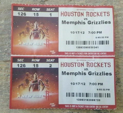 10/17/12 Houston Rockets vs Memphis Grizzlies Toyota Center Tickets Lot of 2 Cover