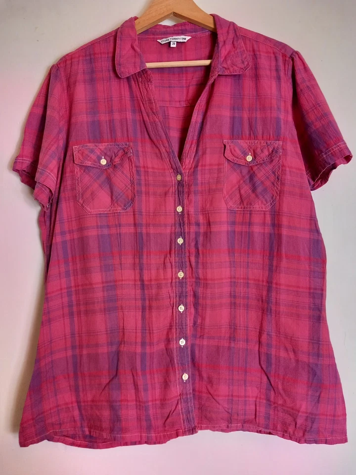 Store Twenty One pink purple plaid pockets short sleeve cotton shirt sz 20 - Image 1 of 4