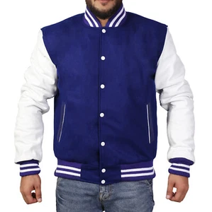 Varsity Jacket Letterman School Bomber Jacket Royal Blue Wool White Real Leather - Picture 1 of 8
