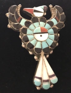 Larry & Faye Lonjose Zuni Sterling/Turquoise/Coral Thunderbird Pin/Pendant - Picture 1 of 2