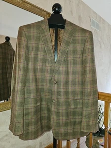 Luciano Carreli Men's 44L Green Plaid 100% Wool 2 button suit Jacket Coat Blazer - Picture 1 of 14
