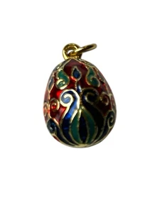 Gold Tone Cloisonne Egg Pendant Unsigned Bright Enamel Paisley - Picture 1 of 3