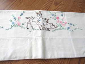 Vintage Hand Embroidered White pillowcase w 2 Deer Fawns Spotted w Flowers - Picture 1 of 7