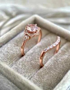 Round Cut Lab Created Morganite Engagement Wedding Ring Set 14k Rose Gold Plated - Picture 1 of 5