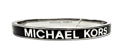 MICHAEL KORS POLISHED SILVER TONE,BLACK ENAMEL LOGO HINGE BANGLE BRACELET - Image 1 of 3