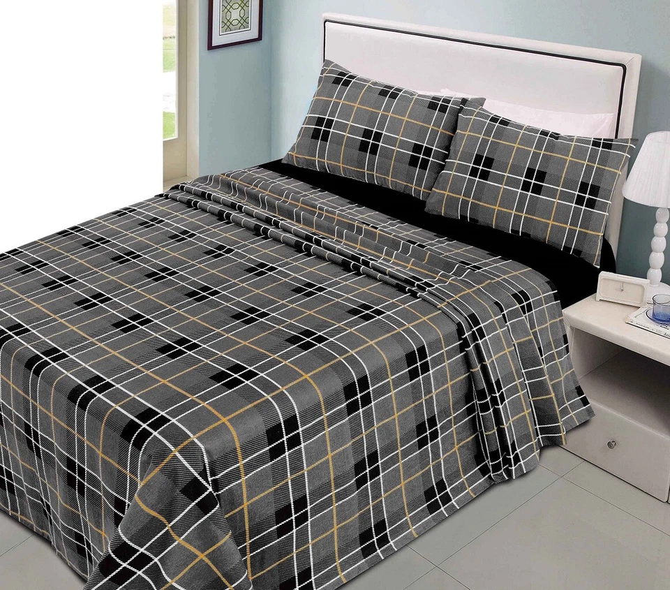 DE LAVISH Flannel Tartan Check Fitted Flat Bed Sheet Set Pillowcase Single Double King