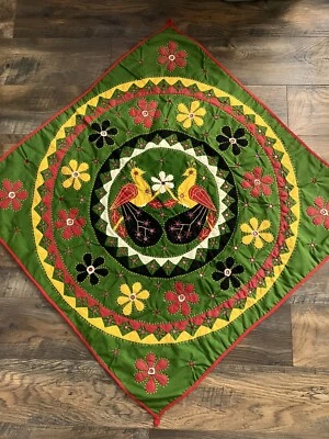 Indian Applique Embroidered Peacock Flowers Wall Hanging 32" x 32" - Image 1 of 4