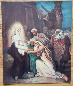 Estampado en color de la Natividad de 7""x 8,5"" Navidad religiosa católica alrededor de 1930 - Imagen 1 de 1