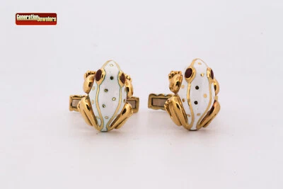 RARE DAVID WEBB 18K YELLOW GOLD & WHITE ENAMEL FROG CUFFLINKS AUTHENTIC FREESHIP - Image 1 of 4