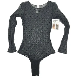 Spanx Mesh Bodysuit Flocked Dots Sheer Fashion Thong Black Long Sleeves 20144R - Picture 1 of 12