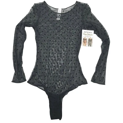 Spanx Mesh Bodysuit Flocked Dots Sheer Fashion Thong Black Long Sleeves 20144R - Image 1 of 4