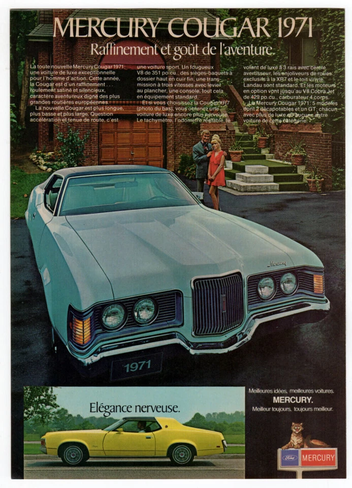1971 MERCURY Cougar Vintage Original Print AD White and Yellow car photo French - Image 1 of 1