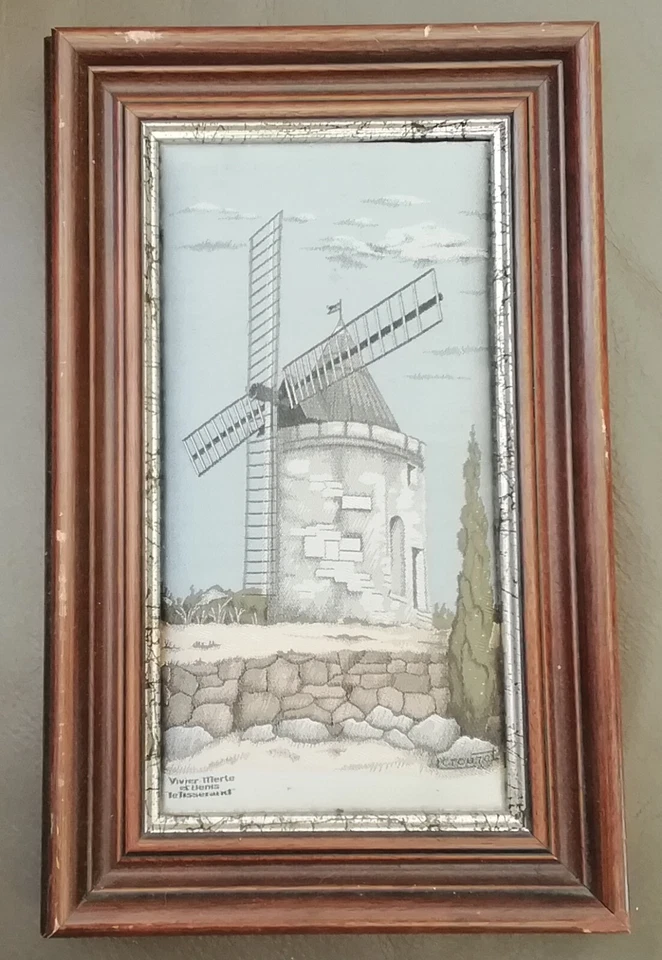 Petit tableau soie tissée moulin à vent le tisserand  - Photo 1/3