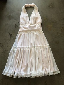 Abito da cocktail Tadashi Shoji Halter scollo nylon tule plissettato bianco/rosa taglia 8 - Foto 1 di 10