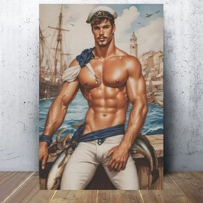LIENZO ENMARCADO MARINERO HOLANDÉS ESTAMPADO ENMARCADO IMAGEN HOMOERÓTICA GAY LGBTQ+ Foto 1 de 4