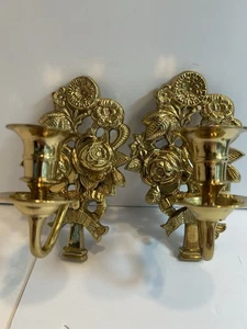 Vintage Wandkerzenständer massiv poliert Messing Rose 2er Set - Bild 1 von 17