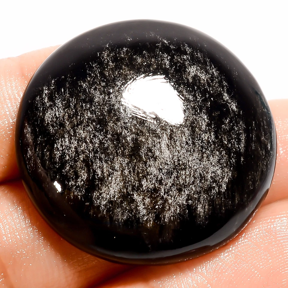 Gema de cabujón redondo de obsidiana con brillo de plata natural 46.5 Ct. 30X30X7 mm UG-387 Foto 1 de 2