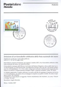 ITALIA 2007 FESTA NAZIONALE DEI NONNI BOLLETTINO COMPLETO DI FRANCOBOLLI FDC - Foto 1 di 1