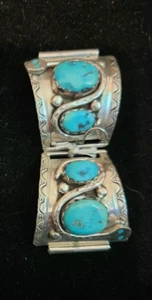 Effie Calavaza ZUNI SNAKE Ster. Silver 2 Stone Turquoise ARTISAN WATCH TIPS - Picture 1 of 3