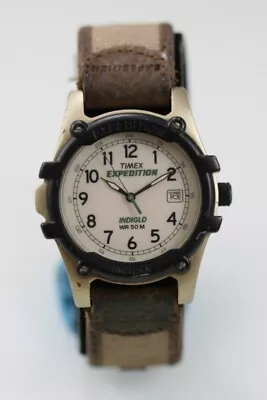 Timex Orologio Uomo Oro Nero Plastica Acciaio Inox 50m Luce Data Beige Tela - Immagine 1 di 4