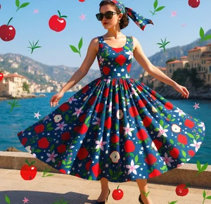 1950s Vintage Retro Rockabilly dress choice of size 14-26 Apples print - Picture 1 of 2