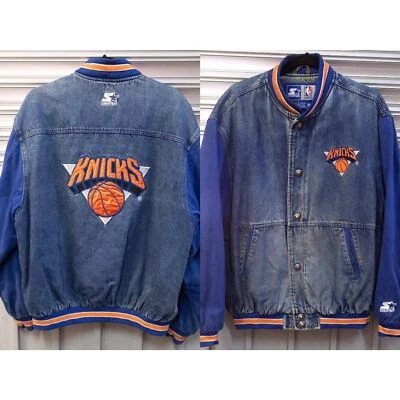 RARE New York Knicks 90s STARTER denim bomber jacket L blue NBA vintage - Image 1 of 4