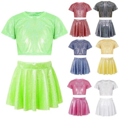 Girls 2 Piece Dance Outfit Metallic Short Sleeve Crop Top and Pleated Skirt Set - Image 1 of 2