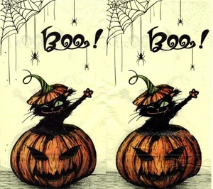 Serviettes en papier chat Halloween citrouille. Napkins cat Halloween pumpkins - Picture 1 of 1
