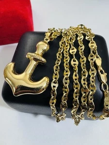 New 18K 750 Real Fine Saudi Gold 24” long Mariner Anchor Set Necklace 3.8mm 9.6g - Picture 1 of 24