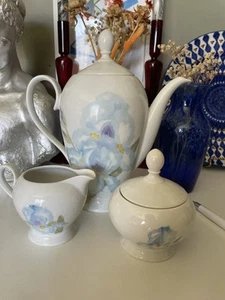 Seltmann Weiden Bavaria 3pc Set Blue Iris Flower Signed Porcelain Tea Coffee Pot - Picture 1 of 9