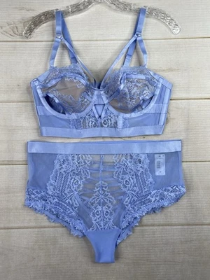 Torrid Bra Panty Set 00 L Blue Retro Ribbon Cutout Serenity Underwire Lace NWT - Image 1 of 4