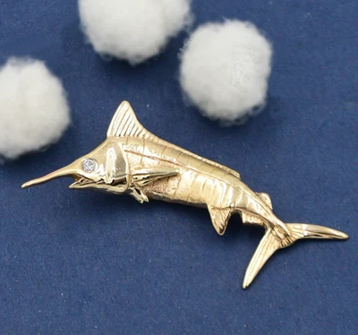 Подвеска/капля с рыбками марлином глаз бриллианта желтое золото 14k - Изображение 1 из 3