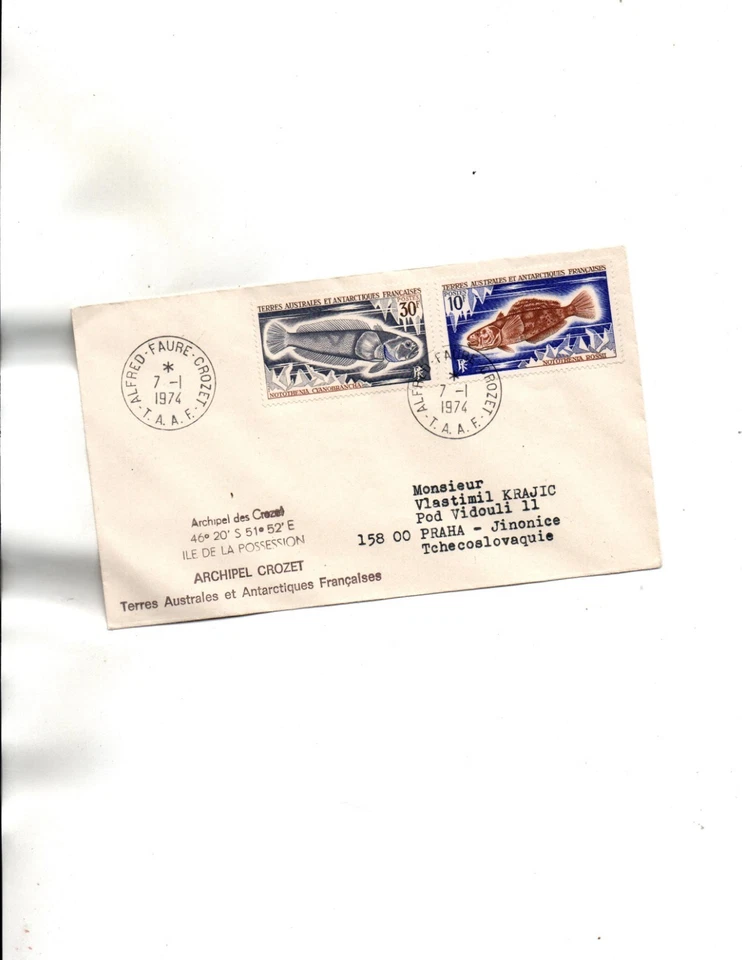 French Southern Antarctic Territory Sc#38,42 -1974  to Czechoslovakia-Fish - Image 1 of 1