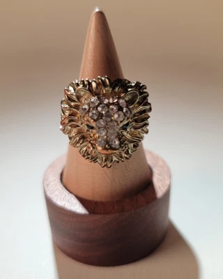 Lion Head Gold-Tone Rhinestone Crystal Unisex Ring Adjustable Size 5-8 - Image 1 of 3