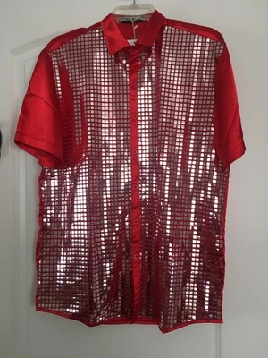 ~NEW~ MENS JOGAL 70'sDISCO RED w/SILVER SEQUINS SHORT SLEEVE SHIRT - M - Image 1 of 4