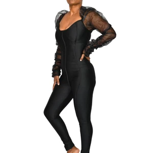 Lips Inc Jumpsuit Small Black Sheer Chiffon Puff Long Sleeve Bustier Bodysuit - Picture 1 of 14