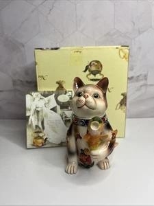 Vintage Cat w/ Fish Miniature Teapot Trinket Box Nini Sahibi Resin Hand Painted - Picture 1 of 6