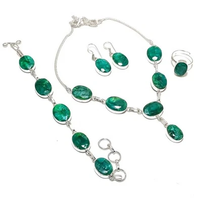 Esmeralda facetada (simulada) piedra preciosa antigua 925 conjunto de joyas... - Imagen 1 de 4