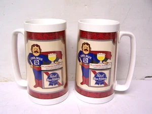 2 Vintage PABST Blue Ribbon BEER Cool Blue Man TRAVEL MUG Coffee Cup Thermo Serv - Picture 1 of 3