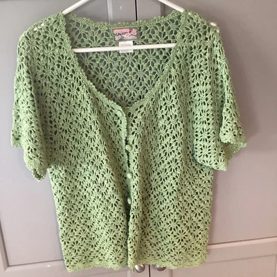 Cárdigan de ganchillo de manga corta acrílico vintage April Cornell talla L verde Foto 1 de 4
