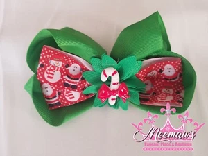 🎅 BIG Boutique Style Red, Green, White CANDY CANE Christmas Holiday Hair Bow 🎅 - Picture 1 of 10