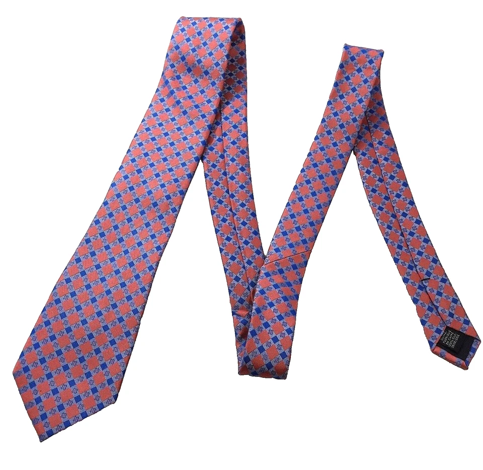 Corbata de cuello 100 % seda a cuadros melocotón azul naranja LANDS' END para hombre NUEVA sin etiquetas Foto 1 de 4