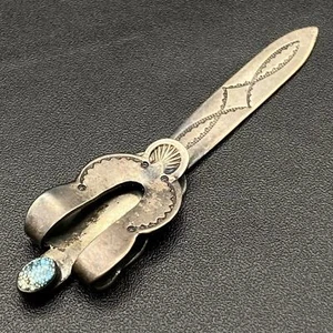 Vintage Navajo Pawn Turquoise Hand Stamped Silver Bookmark Money Clip - Picture 1 of 10