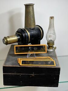 1800's Kerosene lighted Magic Lantern / Projector w/ 5 Glass slides, Antique