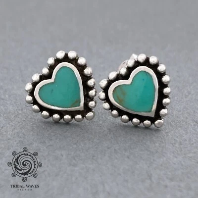 Brincos de prata esterlina turquesa granulado, coração 10 mm 925, vendedor dos EUA - Imagem 1 de 4
